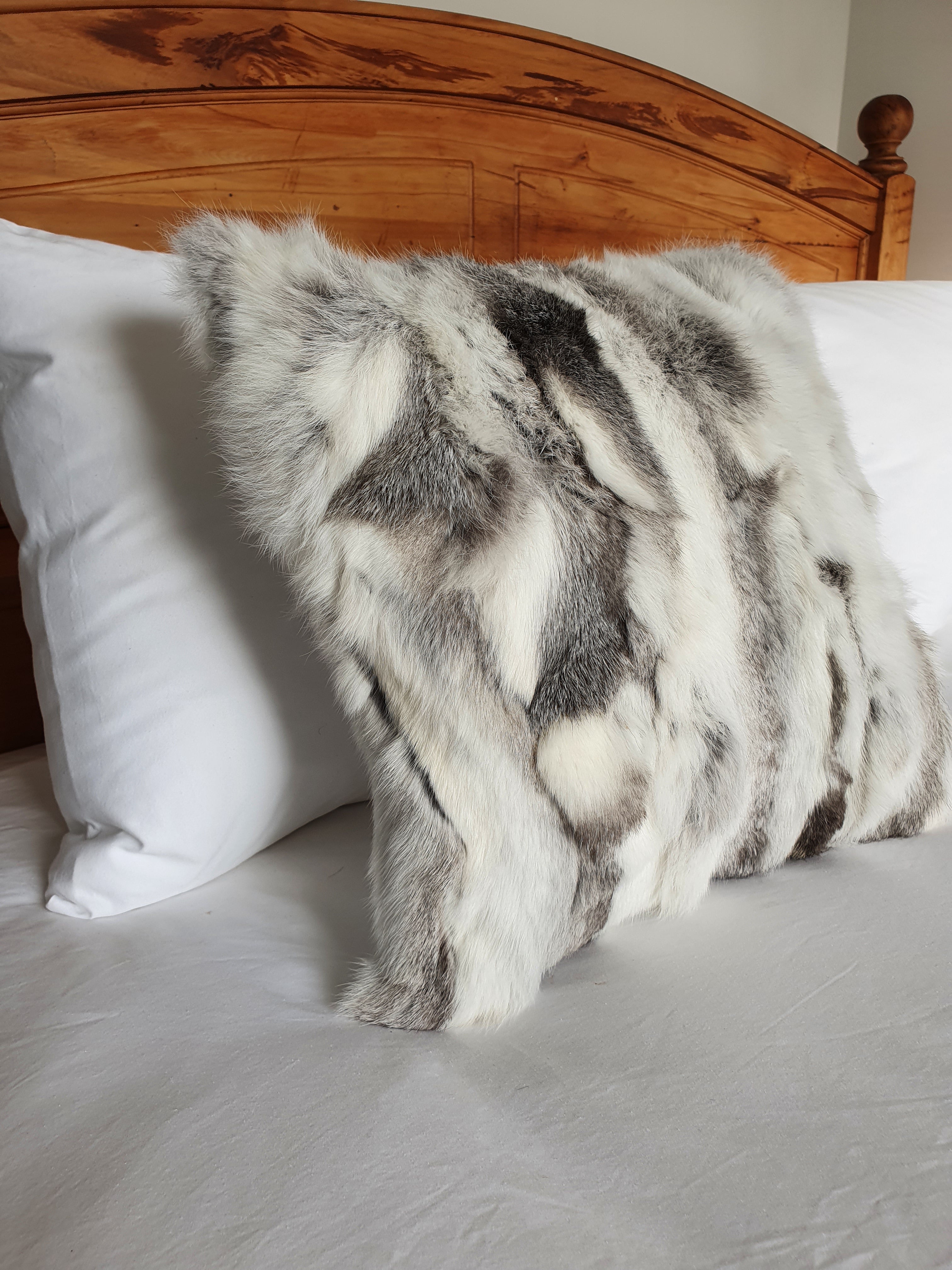 Real Rabbit Fur Cushion - White and Grey