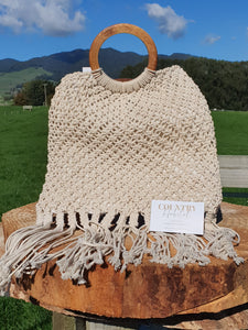 Natural Macrame Wood Handle Bag