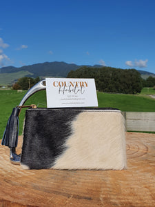 The York - Ivory and Black Small Tassel Cowhide Clutch