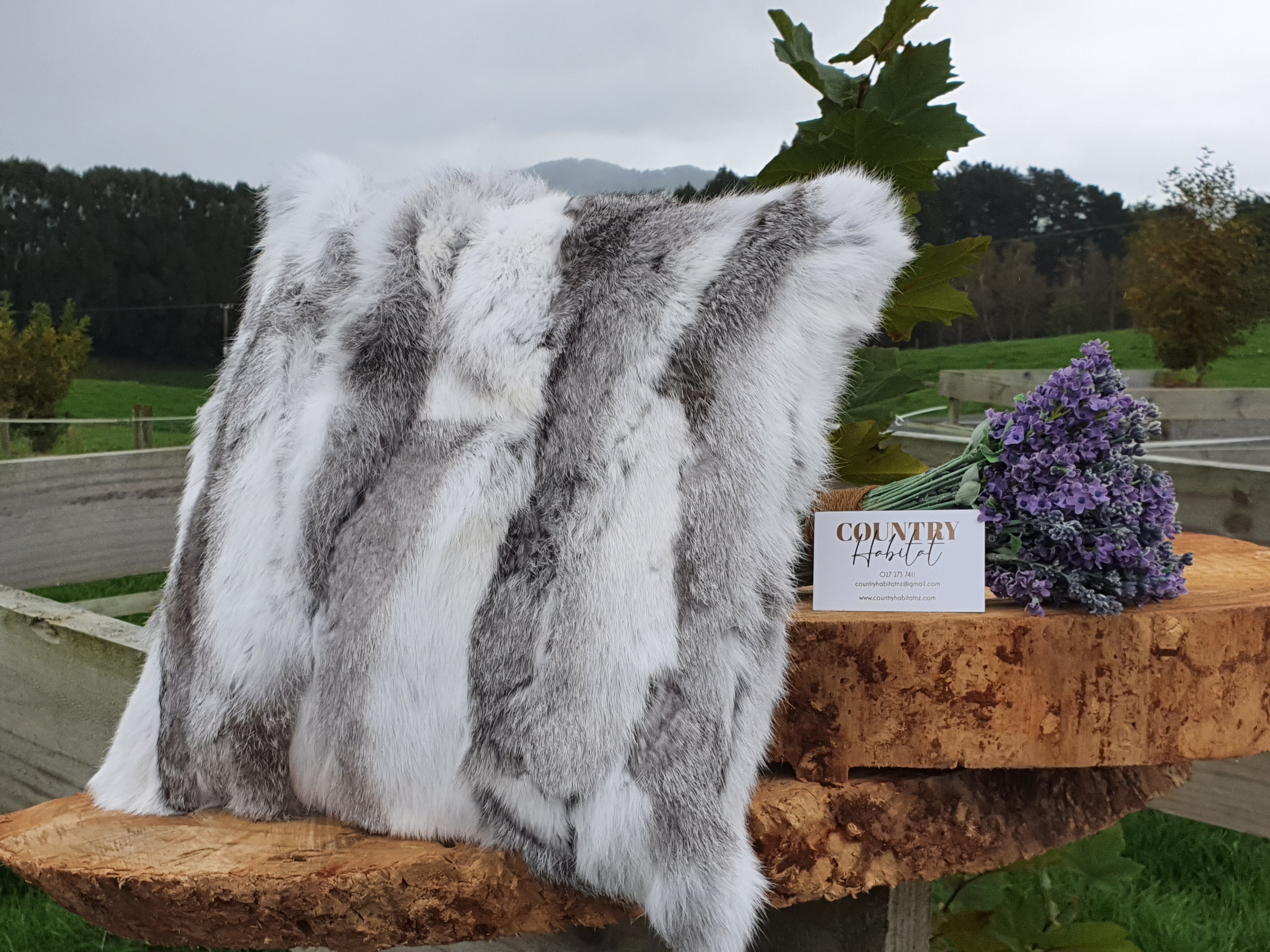 Real Rabbit Fur Cushion - White and Grey