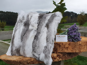 Real Rabbit Fur Cushion - White and Grey