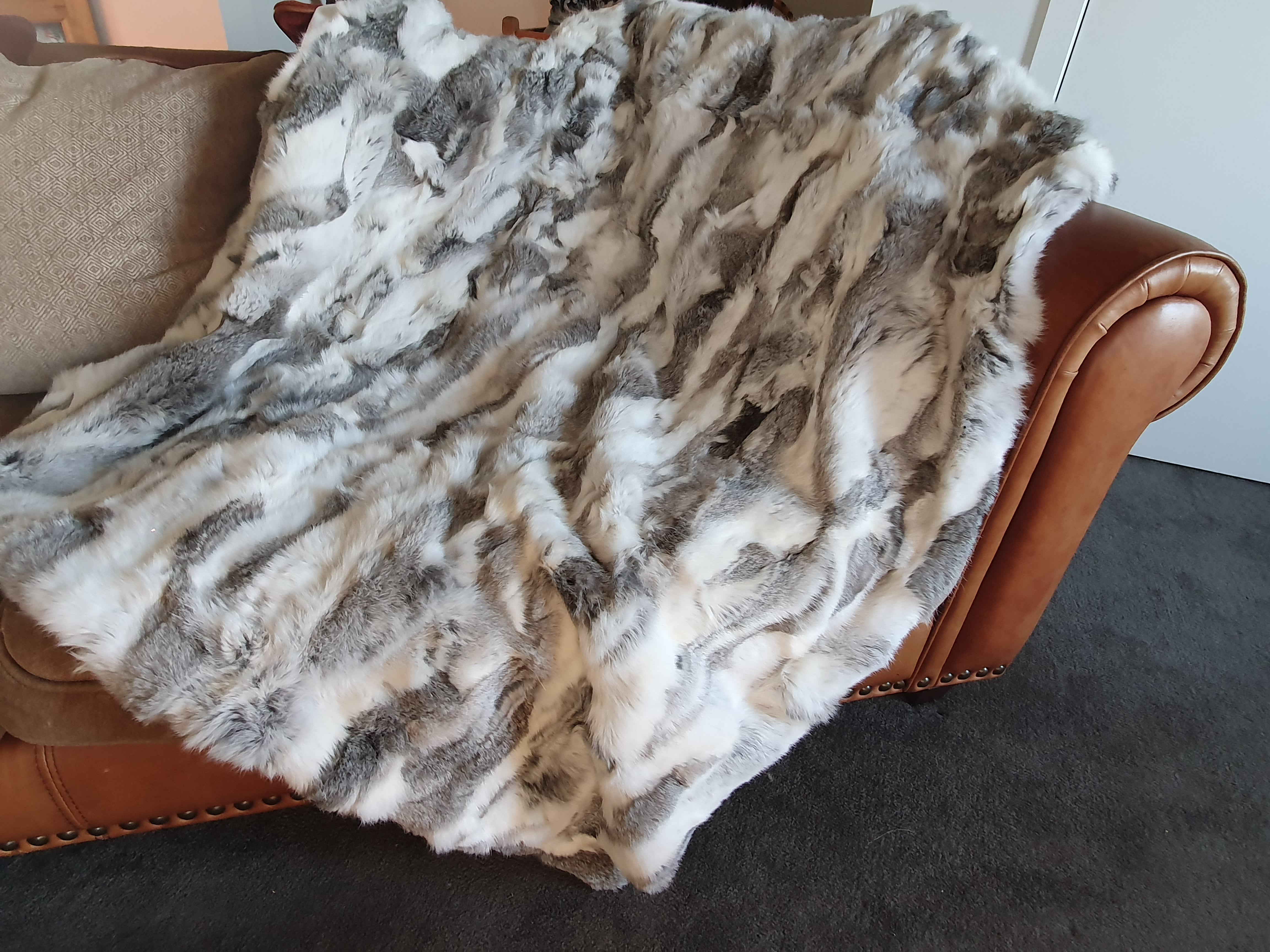 White Faux Blanket Fake Sheepskin Coat Real Rabbit Fur Throw Grey