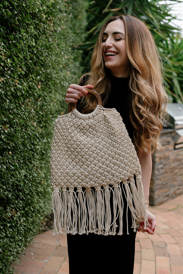 Natural Macrame Wood Handle Bag